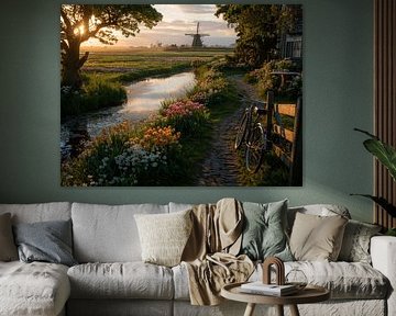 Romantische niederländische Landschaft mit Tulpen und Windmühle bei Sonnenuntergang