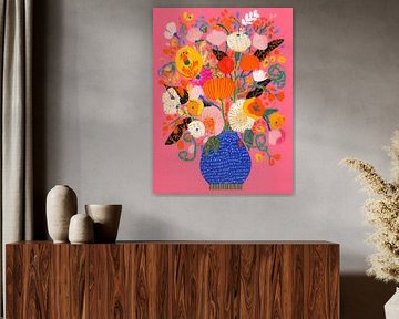 Funky pop-art boeket in felle kleuren van But First Framing