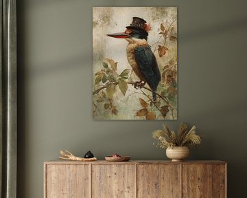 Steampunk IJsvogel met Hoed op een Herfstige Tak