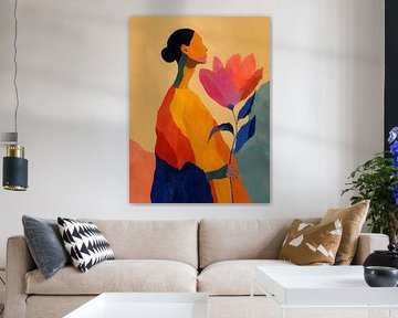 Abstract portret van vrouw met grote bloem in warme en kleurrijke schilderstijl