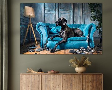 Great Dane on a completely destroyed sofa