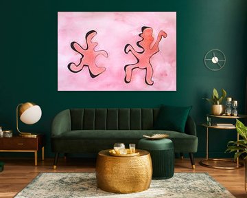 rosa 5 Aquarell von fröhlich tanzenden Figuren im Strichmännchen-Stil von Studio Miandala