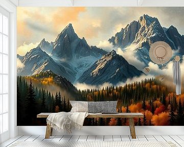 Berge zwischen Wald und Nebel: Eine herbstliche Berglandschaft im warmen Licht von Erde und Himmel von AidasignArt