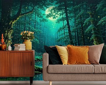 Magischer Wald im silbrigen Schein des Vollmondes – Wächterbäume, flüsternde Schatten und das magische Leuchten der Glühwürmchen in einem nächtlichen Märchenwald