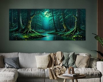 Magisch bos in de zilveren gloed van de volle maan - schildwachtbomen, fluisterende schaduwen en de magische gloed van vuurvliegjes in een sprookjesbos bij nacht van AidasignArt