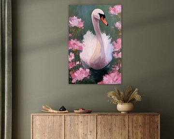 Zwaan tussen roze bloemen no.2 van Studio BB