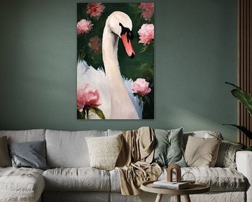 Swan among pink flowers no. 4 by Studio BB