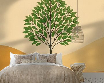 Minimalistische Landschaft mit grünem Baum