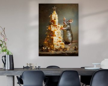 Kerstmuis bij een feestelijke kaasboom vol lichtjes en kerstballen
