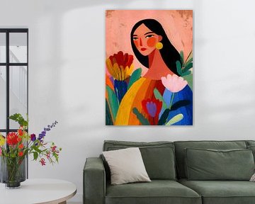 Kleurrijk modern portret van een vrouw met bloemen en warme accenten