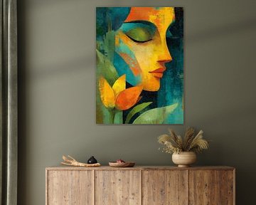 Abstract vrouwelijk portret met tulp en warme groene en oranje tinten