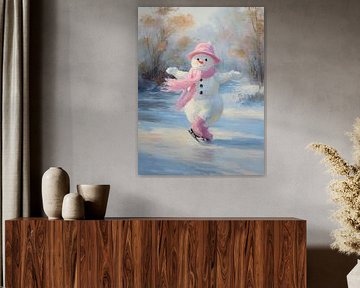 Vrolijke sneeuwpop op schaatsen met roze winterkleding in sprookjesachtig winterlandschap van But First Framing