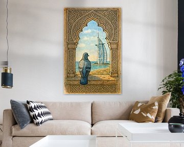 Colombe à la fenêtre islamique avec vue sur Burj Al Arab (AI) (Dubaï, aquarelle, peinture, voyage) sur Natalie Bruns