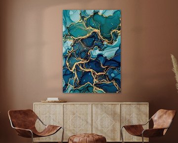 Teal en blauwe inkt abstract met gouden accenten