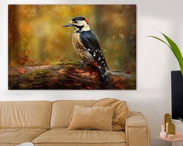 Bonte Specht in de Herfst – Vogelschilderij met Warme Oranje Achtergrond van Joriali fotografie en schilderijen