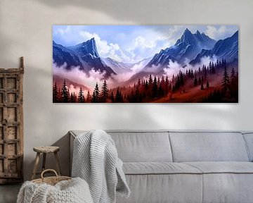 Herfstachtig berglandschap in een staat van opschorting: mist, naaldbos en het samenspel van warmte en koel blauw van de bergtoppen van AidasignArt