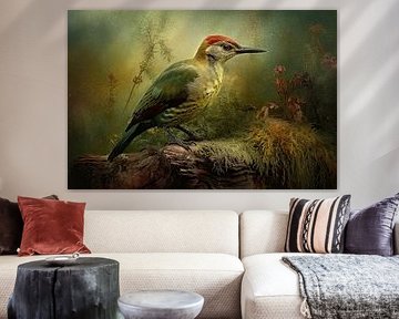 Groene Specht - Herfst Vogel Schilderij Wanddecoratie van Joriali fotografie en schilderijen
