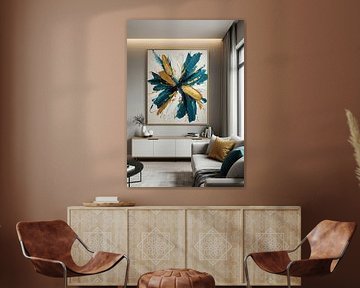 Woonkamer met abstract groenblauw en gouden schilderij