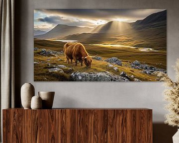 Hooglandkoe graast in berglandschap met zonlicht van Markus Gann