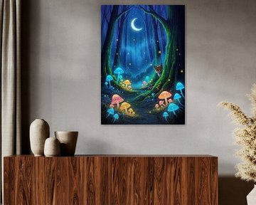 Illustration of Forest with Mushrooms, Moon, and Fox by Markus Gann