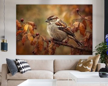 Mus in Herfstbladeren - Warme Vogel Schilderkunst van Joriali fotografie en schilderijen