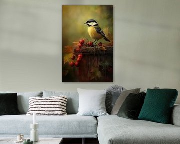 Great Tit with Red Berries - Warm Autumn Painting by Joriali photography and paintings