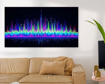 Stadtsilhouette mit mehrfarbiger Soundwave-Visualisierung