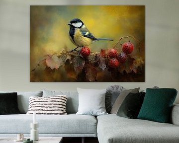Koolmees tussen herfstbladeren en bessen van Joriali fotografie en schilderijen