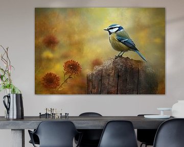 Blauw Gele Pimpelmees - Sfeervol Herfst Schilderij van Joriali fotografie en schilderijen