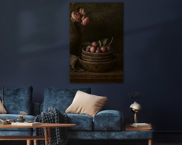 Rustic still life with plums and flowers