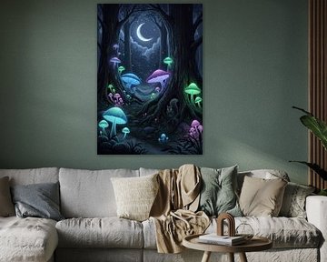 Glowing Mushrooms in a Forest at Night with Crescent Moon and Sq by Markus Gann