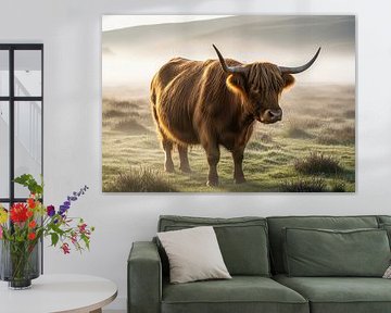 Hooglandkoe in grasveld met mist en heuvels van Markus Gann