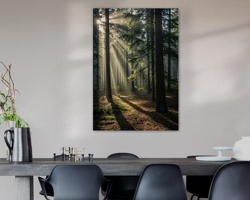 Bomenbos met zonlichtstralen van Markus Gann