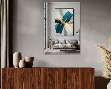 Abstract schilderij boven bank in woonkamer