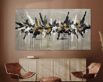 Abstract schilderij met zwart-witte en gouden spetters