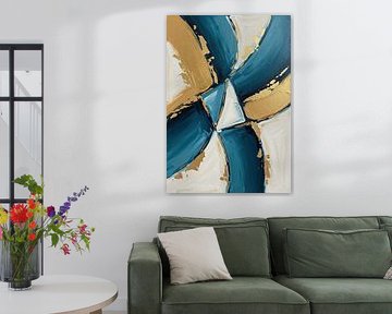 Abstraktes Gemälde mit geometrischen Formen in Teal, Gold und Weiß von Markus Gann