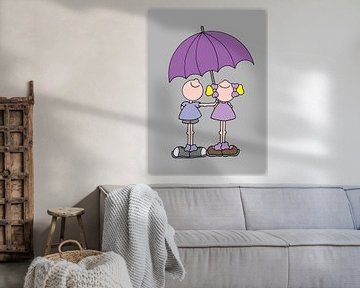 Boy and girl with umbrella - art for children by Annemarie Broeders