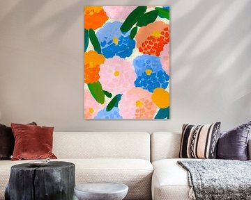 Kleurrijk bloemenpatroon met roze, blauwe en oranje bloesems in moderne stijl