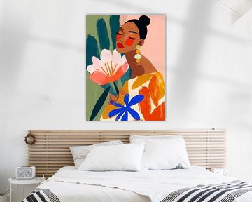 Stijlvol modern portret van een vrouw met bloem en kleurrijke patronen