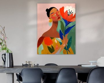Kleurrijk modern portret van een vrouw met grote bloem en expressieve details