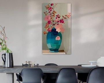 Roze bloemen in blauwe vaas van Studio Allee