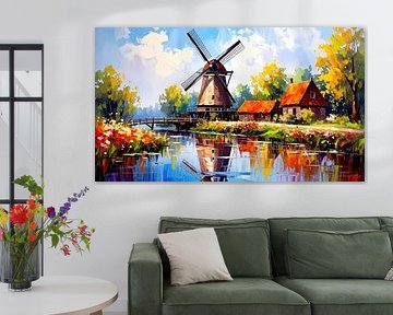Alte Windmühle im Sommerlicht: Ein stiller Wächter über Wohnhäuser mit roten Dächern, einen breiten Fluss mit spiegelnder Oberfläche, blühende Wiesen und eine sanft geschwungene Holzbrücke in zeitloser Ruhe von AidasignArt