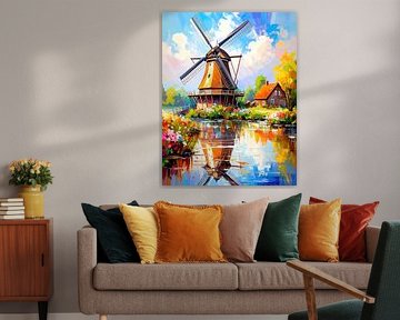 Windmolen boven het zomerse landschap: een stille wachter tussen het rode huis, de weerspiegelende rivier en de weelderige weiden in harmonieuze harmonie met licht, natuur en tijd van AidasignArt