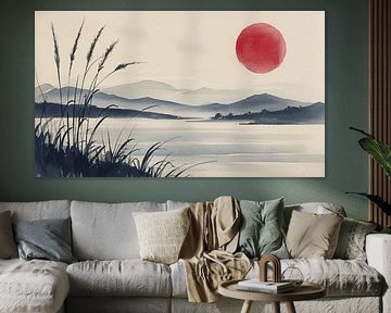 Serene Japanese Ink Wash Painting: A Morning Over Misty Waters by Artistic