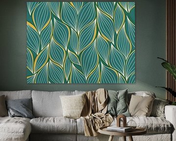 Botanical Teal and Gold Leaf Pattern by Artistic