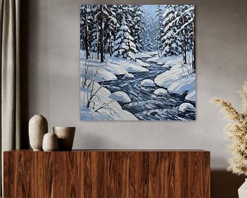 La rivière d'hiver : Une peinture impressionniste texturée d'un paysage serein recouvert de neige