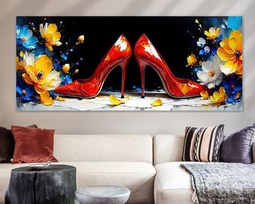 Sexy schoenen op een witte achtergrond - De elegantie van pumps en de omhelzing van bloemen: een panorama van sensualiteit, kracht en vergankelijkheid van AidasignArt