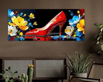 Rode schoen op een zwarte spiegelachtergrond - De verleiding van elegantie en de vluchtige omhelzing van bloemen: een panorama van sensualiteit, kracht en vluchtige aanwezigheid van AidasignArt
