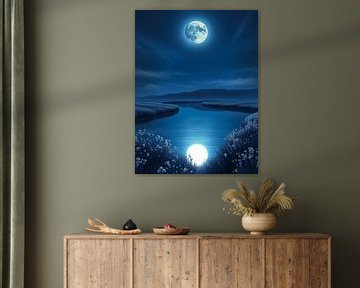Stralende middernacht: Een heldere volle maan die een serene rivier en een veld vol wilde bloemen verlicht. van Artistic
