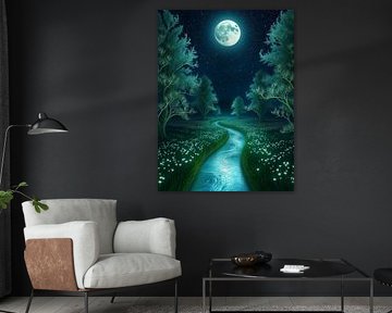 Sereniteit bij maanlicht: Een lichtgevende kreek door een fluisterend woud van dromen van Artistic